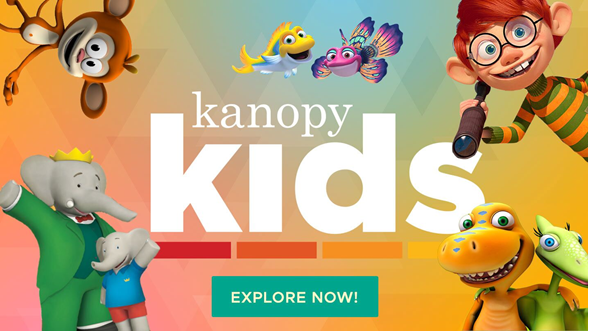 Screenshot of Kanopy Kids homepage with the log in the middle, an "explore now" button, and cartoon movie characters on the border of the image.