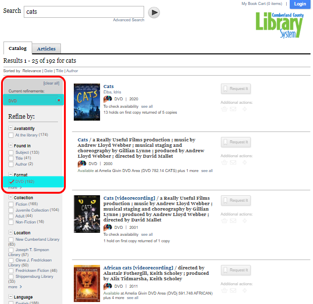 Refine Search example - cats with DVD selected as a refinement