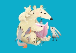 Cartoon polar bear reading a story book to various forest creatures
