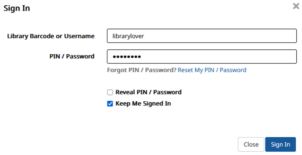 Sign In with Library Barcode or Username and PIN or Password