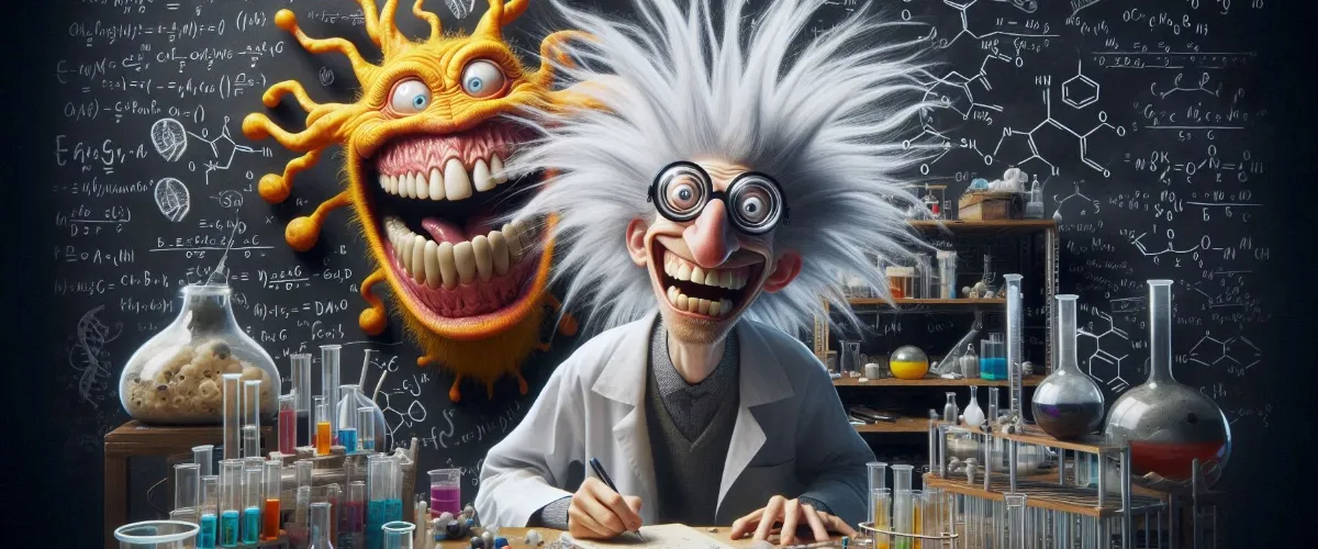 Crazed scientist working at his lab desk with a bright orange and yellow creature emerging from the blackboard behind him