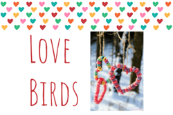 "Love Birds" text with photo of heart shaped bird feeder