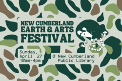 Camouflaged background with cartoon opossum, text: "New Cumberland Earth & Arts Festival" 