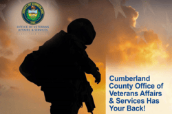 Silhouette of soldier in front of sunset with text: "Cumberland County Office of Veterans Affairs & Services has your back!"
