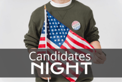 Person holding USA flag and wearing a "VOTE" pin with text: "Candidates Night"