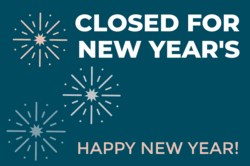 Fireworks icons on navy background, text: "Closed for New Year's, Happy New Year!"