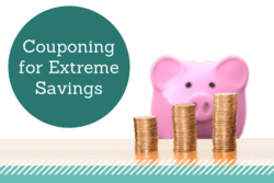 Pink piggy bank with stacks of pennies, text "Couponing for Extreme Savings"