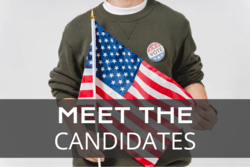 Person in green sweatshirt with "vote" button holding an American flag, text: "Meet the Candidates"