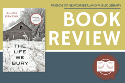 The book "The Life We Bury" is pictured on a navy and gold background