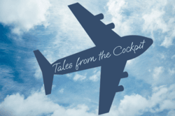 Airplane silhouette in cloudy sky, text "Tales from the Cockpit"