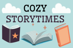 "Cozy Storytimes" text with clouds in background and magical books