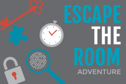 Skeleton key, stopwatch, puzzle piece, lock, text: "Escape the Room Adventure"