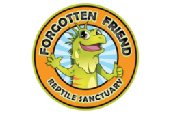 Cartoon Lizard waving hello with text: "Forgotten Friend Reptile Sanctuary"