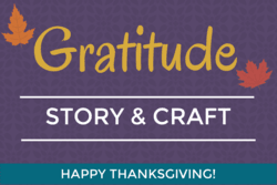 "Gratitude Story & Craft" text with autumn leaf background