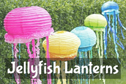 Jellyfish crafted from colorful lanterns hanging outside