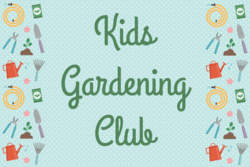 "Kids Gardening Club" text with gardening tools