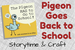 The book "Pigeon Has to Go to School" is pictured on a scribbled background.