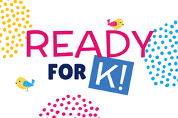 "Ready for K" text with colorful spots and birds