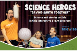 "Science Heroes" text with people doing an experiment