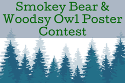 "Smokey Bear and Woodsy Owl Poster Contest" text with pine trees background