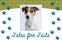 "Tales for Tails" text with dog image and paw prints