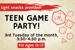 "Teen Game Party" text with game pieces in the background