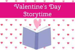 "Valentine's Day Storytime" with heart background and open book