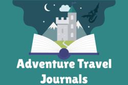 "Adventure Travel Journals" text with image of castle emerging from book