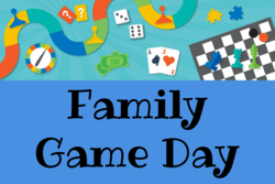 "Family Game Day" text with board game banner icon