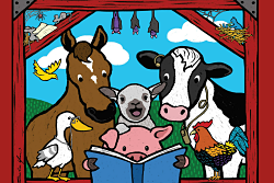 Farm animals inside a barn