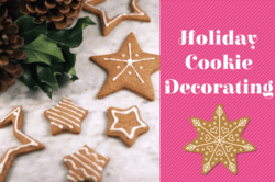 "Holiday Cookie Decorating" text with image of cookies with piped icing