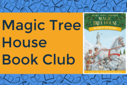 "Magic Tree House" Book Club text with image of "Hour of the Olympics" book