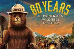 "80 Years of Preventing Wildfires" text with image of Smokey Bear and people around a campfire