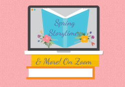 Computer with book and words "spring storytime"