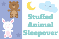 "Stuffed Animal Sleepover" text with images of stuffed animals and bedtime icons