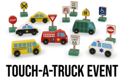 "Touch a Truck Event" text with image of toy trucks