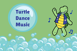 bubbles and cartoon turtle with music notes