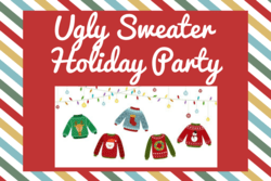 "Ugly Sweater Holiday Party" text with festive stripes and sweaters