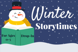 "Winter Storytimes" text with image of snowman reading