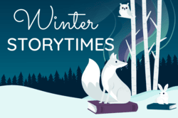 "Winter Storytimes" text with image of arctic animals and northern lights