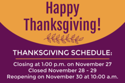 Text: "Happy Thanksgiving" with closing schedule for New Cumberland Public Library