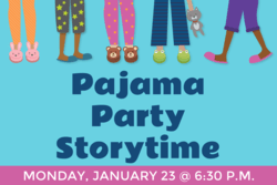 "Pajama Party Storytime" text with kids pajamas and stuffed animals