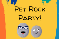 "Pet Rock Party" text with image of two rocks with silly faces