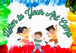 Listen to your art camp - Children jumping happily in the air with splashes of color all around them.