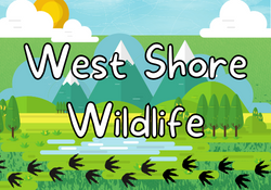 West Shore Wildlife: A north american landscape is the backdrop, with animal tracks across the bottom of the picture.