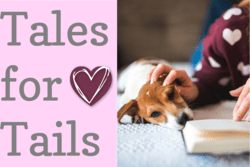 "Tales for Tails" text with dog reading a book