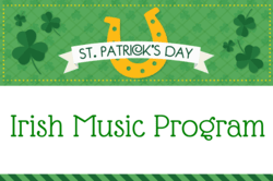 "Irish Music Program" text with green banner and St. Patrick's Day icon
