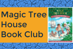 "Magic Tree House" Book Club text with image of "Pirates Past Noon" book