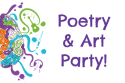 "Poetry and Art Party" text with image of colorful brain and art symbols