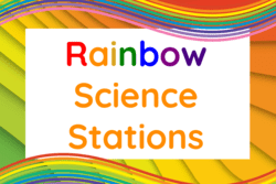 "Rainbow Science Stations" text with rainbow waves background